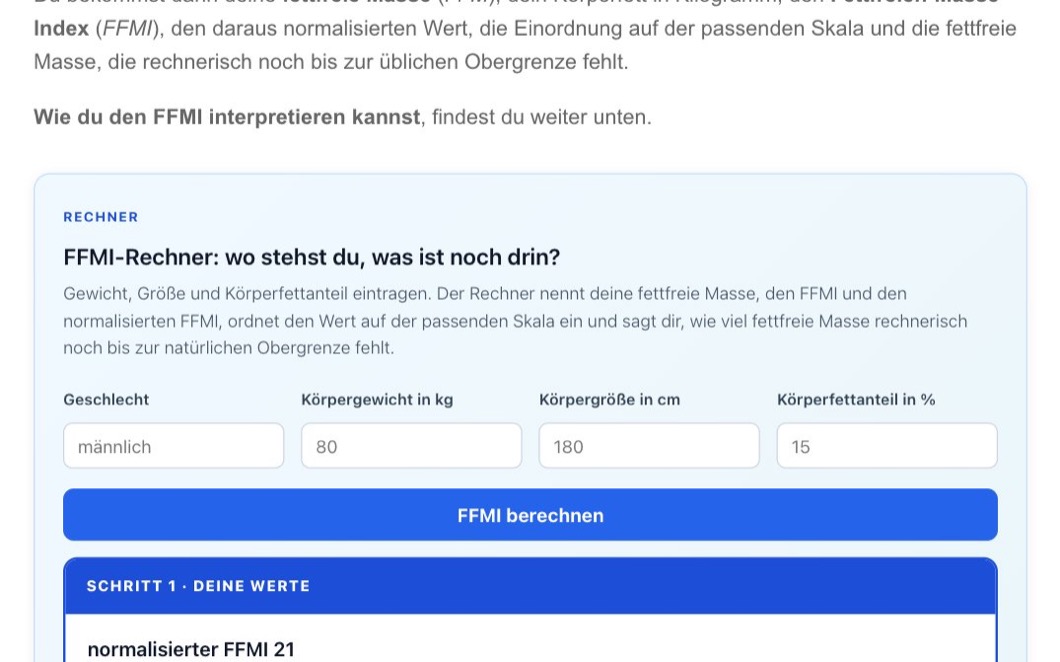 FFMI-Rechner auf derfitness.guru mit Eingabefeldern und Auswertung