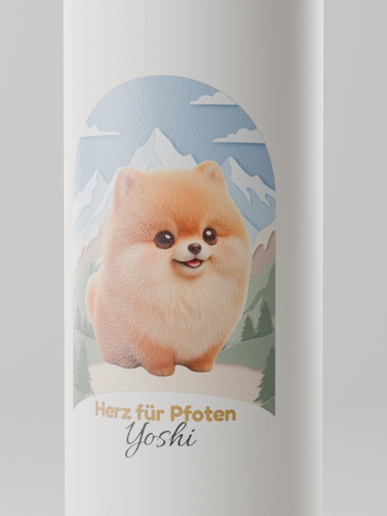 Nahaufnahme des UV-Drucks: der Zwergspitz vor Bergen mit fühlbarer Struktur, darunter „Herz für Pfoten“ und „Yoshi“