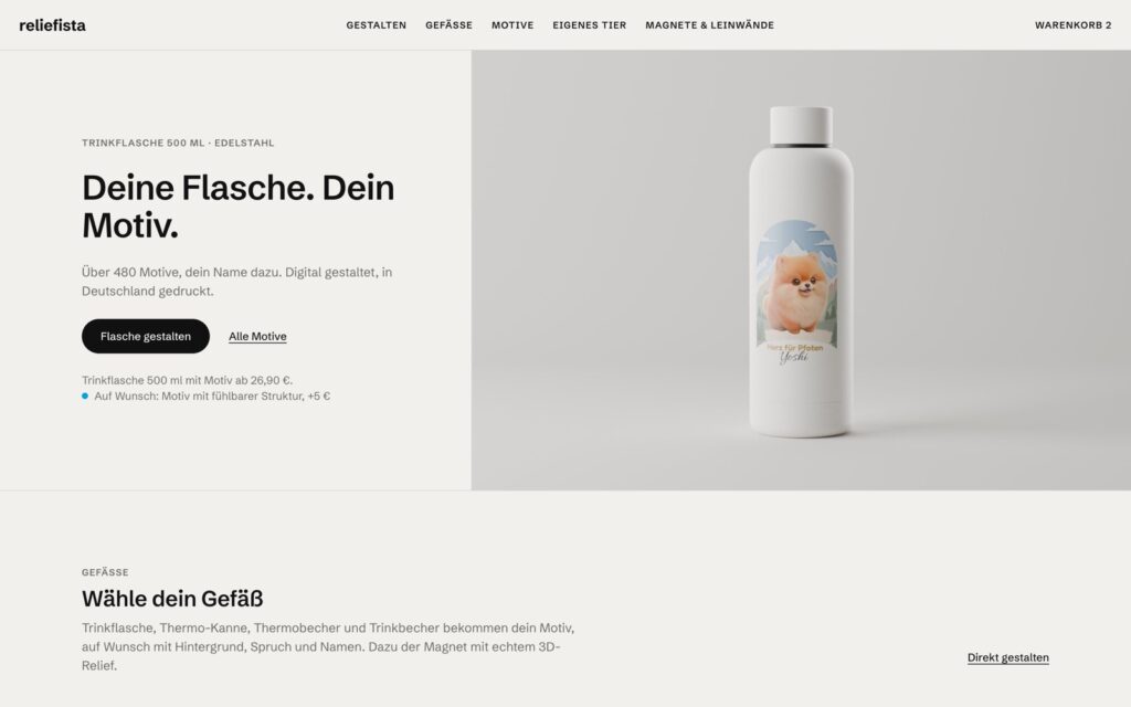 Startseite des Reliefista-Shops: „Deine Flasche. Dein Motiv.“ mit einer weißen Trinkflasche